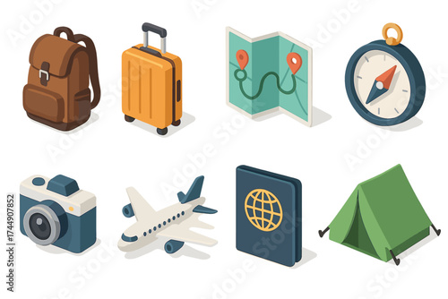 Travel Essentials Icons. Travel Set set icons in flat vector style. Backpack, suitcase, map, compass, camera, airplane, passport, tent