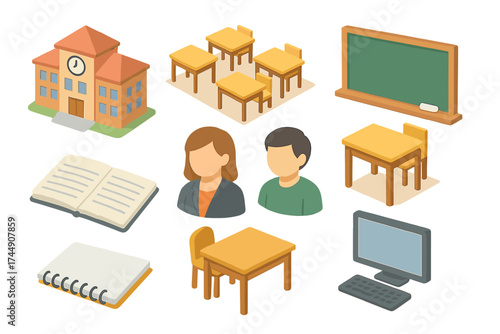 Isometric Learning Icons. Learning Spaces set icons in flat vector style. School building, classroom, blackboard, desk, notebook, teacher, student, computer