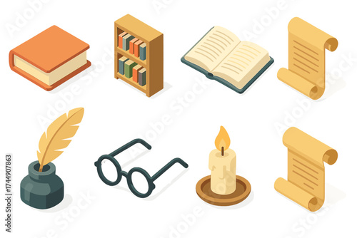 Library Icon Set. Library Set set icons in flat vector style. Book, bookshelf, open book, scroll, quill, ink bottle, glasses, candle