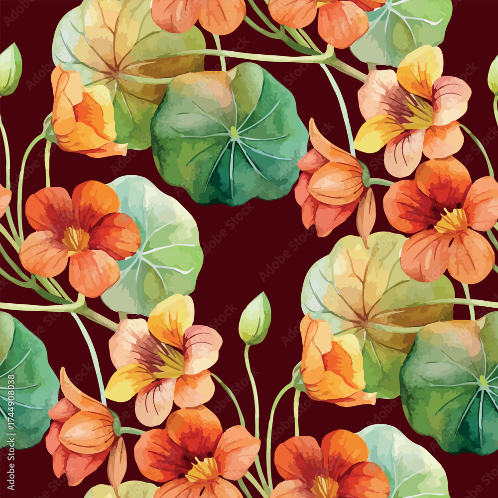 Fototapeta premium Vivid Nasturtium Tropaeolum Flower Botanical Watercolor Vector Seamless Pattern