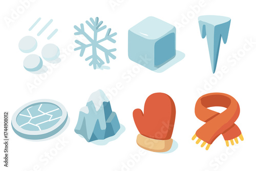 Isometric Winter Icons. Winter Symbols set icons in flat vector style. Hail, snowflake, ice cube, icicle, frozen lake, glacier, mitten, scarf