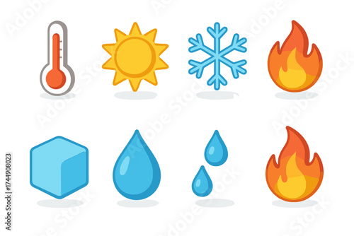 Weather Icons Collection. Temperature Set set icons in flat vector style. Thermometer, hot sun, snowflake, fire, ice cube, water drop, sweat, flame