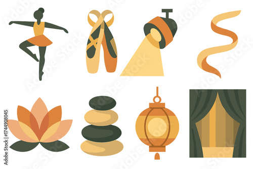 Ballet Icons Ensemble. Frappé set of icons in geometric flat vector style ballet dancer in frappé pose silhouette, ballet slippers, stage spotlight, flowing ribbon, lotus blossom