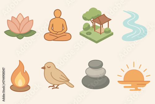 Tranquil Sanctuary Icons. Sanctuary set icons in flat vector style lotus blossom, meditating figure, peaceful garden, flowing water, soft flame, resting bird, smooth pebble stack
