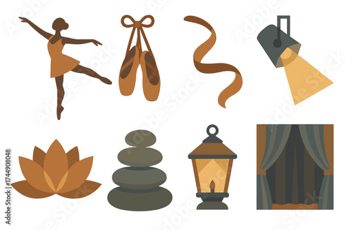 Ballet Icons Ensemble. Degage set of icons in geometric flat vector style ballet dancer in degage pose silhouette, ballet slippers, stage spotlight, flowing ribbon, lotus blossom