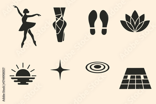Geometric Ballet Icons. Graceful First set of icons in geometric flat vector style ballerina silhouette, pointe shoes, sunrise horizon, elegant open feet line, lotus flower