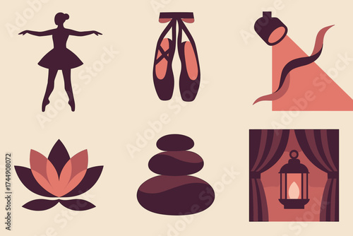 Ballet Icon Silhouettes. Second Position set of icons in geometric flat vector style ballet dancer in second position silhouette, ballet slippers, stage spotlight, flowing ribbon