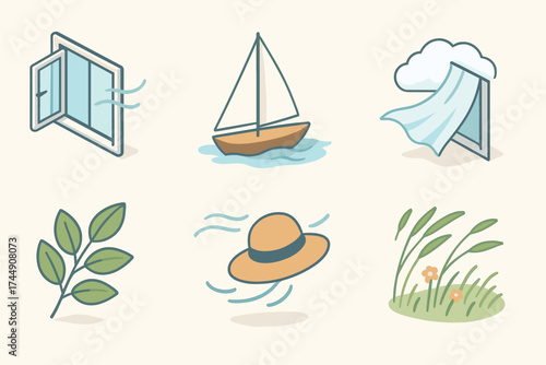 Fresh Breeze Icons. Fresh Breeze set icons in flat vector style open window, sailing boat, drifting cloud, fluttering curtain, leafy branch, blowing hat, calm horizon, swaying