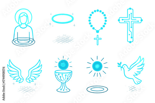 Futuristic Saints' Day Icons. Futuristic All Saints’ Day set icons in flat vector style. Holographic saint, neon glowing halo, cyber cross, digital rosary, AI angel wings