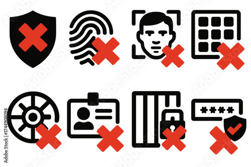 Security Access Icons. Security Access Denied set of icons silhouette. Shield with red cross, fingerprint scan failed, face recognition denied, keypad with wrong code, vault