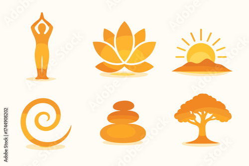 Radiant Yoga Icons. Radiant Salutation set of icons in gradient flat yoga sun sequence silhouette, lotus blossom, sunrise glow, mountain silhouette, flowing spiral, smooth pebble