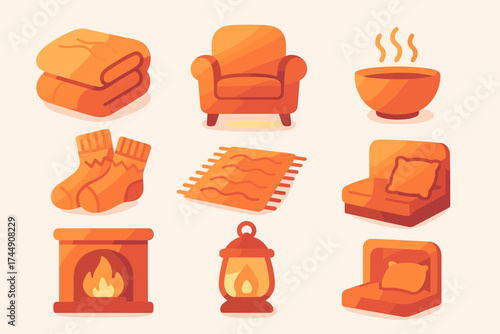 Cozy Comfort Icons. Comfort Heat set of icons in gradient flat folded quilt, cozy chair, steaming bowl, knitted socks, glowing hearth, warm rug, lantern glow, cushioned nook