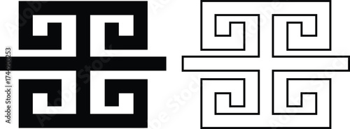 Greek key border icon set in flat and outline styles. Ancient meander pattern symbol, geometric frame design elements, seamless ornamental art decoration and classic greek design vectors illustration.