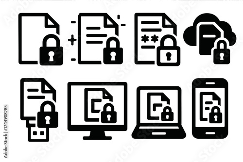 Digital File Security Icons. Digital File Locks set of icons silhouette. Computer file with padlock icon, glowing file with lock, encrypted file icon, cloud file with lock, USB