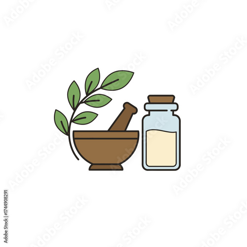 Simple Outline Herbal Medicine Mortar and Pestle Essential Oil Illustration