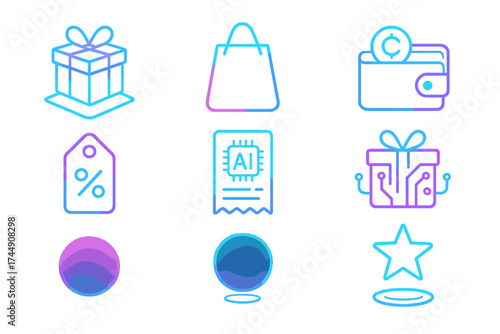 Futuristic Holiday Icons. Futuristic Boxing Day set of icons in geometric flat vector. Holographic gift box, neon glowing shopping bag, cyber discount tag, digital coin wallet, AI