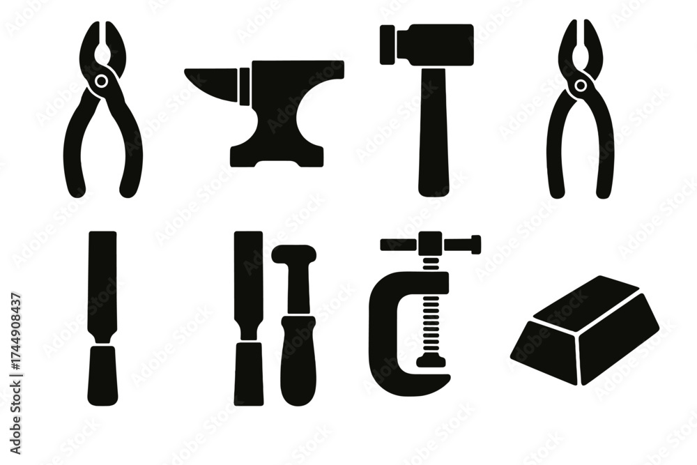 Obraz premium Bold Metalworking Icons. Metalworking Set set of icons silhouette. Pliers, anvil, hammer, tongs, file, chisel, clamp, metal ingot