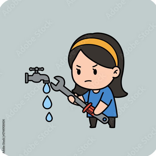 Cute Outline Plumber Girl Holding Wrench and Leaky Faucet Cartoon Illustration