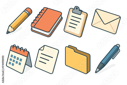 Office Tools Icons. Office Tools set icons in flat vector style. Pencil, notebook, clipboard, envelope, calendar, document, folder, pen
