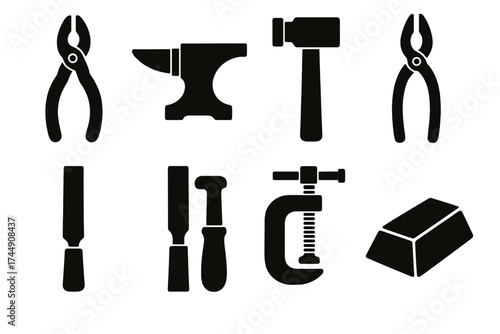 Bold Metalworking Icons. Metalworking Set set of icons silhouette. Pliers, anvil, hammer, tongs, file, chisel, clamp, metal ingot