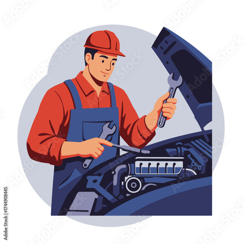 Flat Cartoon Car Mechanic Examining Engine Illustration with Wrench Tool