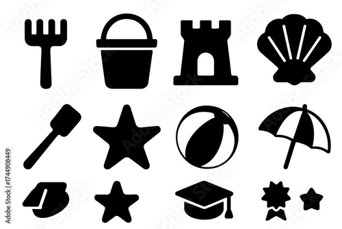Icon Sets_ Beach and Academia. Beach Kit set of icons silhouette. Rake, sand bucket, sandcastle, seashell, shovel, starfish, beach ball, umbrella, Academic Symbols set icons in