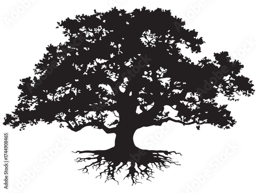 Ancient Giant Oak Tree Solid Black Vector Illustration Art