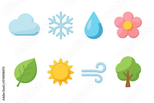 Seasons Icons Collection. Seasons Set set icons in flat vector style. Cloud, snowflake, raindrop, flower, leaf, sun, wind, tree