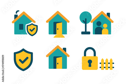 Secure Vibrant Home Icons. Safe home in modern flat. Simple house, shield with check, open door with light, family figures, garden tree, secure lock, smoke-free chimney, fence