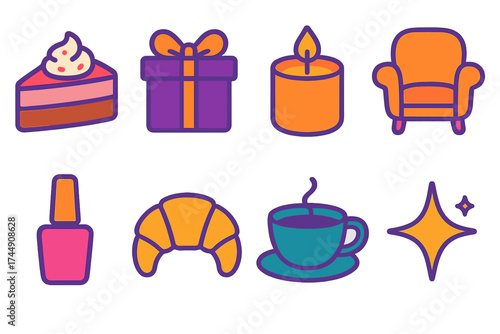 Indulgent Icon Collection. Treat yourself in modern flat. Fancy dessert, gift box with ribbon, scented candle, cozy chair, nail polish, pastry, cup of coffee, sparkling star.