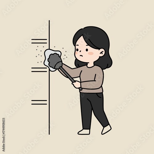 Cute Cartoon Style Girl Cleaning Wall with Duster Illustration