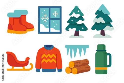 Winter Essentials Icons. Winter boots in modern flat. Short boots, frosty window, snow-covered tree, sleigh, sweater, icicles, firewood stack, thermos flask.