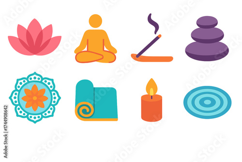 Serenity Icons Collection. Inner peace in modern flat. Lotus flower, meditation cushion, incense stick, stacked stones, mandala, yoga mat, candle flame, calm water ripple.