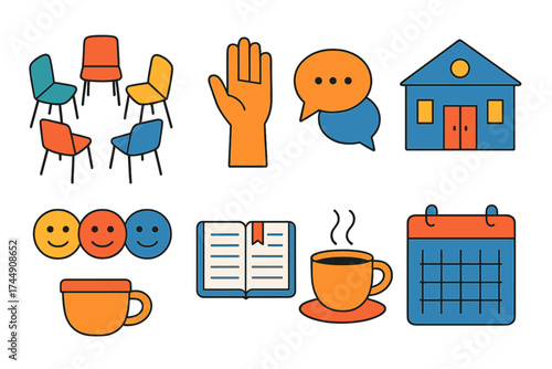 Vibrant Community Dialogue. Community talk in modern flat. Circle of chairs, raised hand, chat bubbles, community hall, smiling faces, notebook, shared coffee cup, calendar.