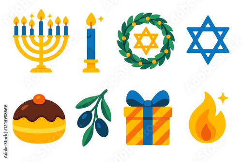 Vibrant Hanukkah Icons. Hanukkiah glow in modern flat. Glowing hanukkiah, single candle, holiday wreath, Star of David ornament, sweet pastry, olive sprig, wrapped present, flame