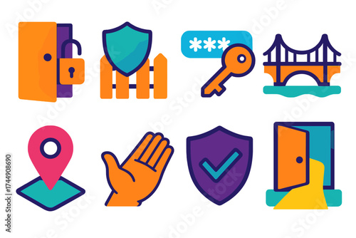 Access Security Icons. Safe access in modern flat. Unlocked door, protective barrier, password key, bridge, open pathway, map pin, welcoming hand, security symbol.