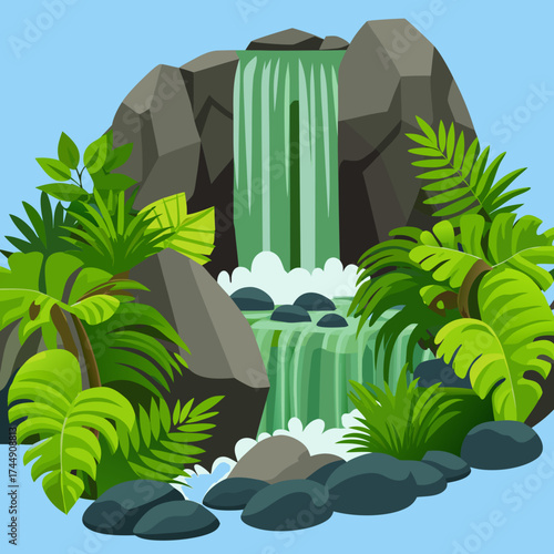 A vibrant waterfall cascading through lush green tropical vegetation