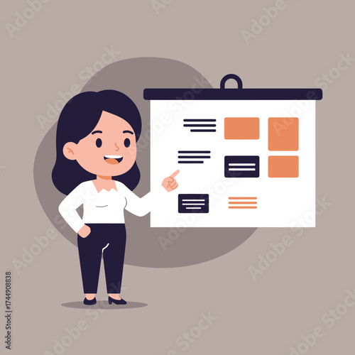 Flat Cartoon Presentation Girl Explain Business Chart on Whiteboard Illustration
