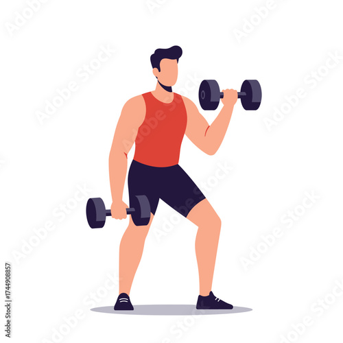 Flat Illustration Man Doing Bicep Curl with Dumbbells in Gym