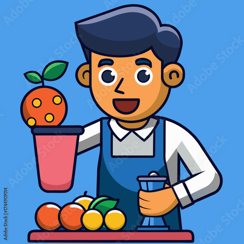 Cartoon Chef holding fruits and making juice with positive expression