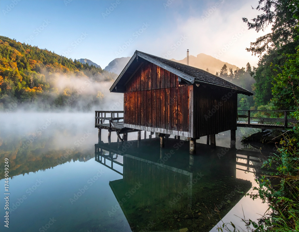 Fototapeta premium Lake house reflecting autumn forest