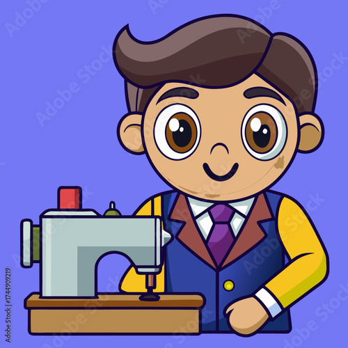 Cartoon Tailor in a Suit Sewing on a Machine