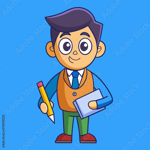 Cartoon Teacher holding pencil and notebook with happy look