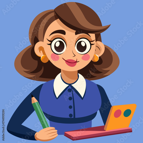 Cartoon woman with laptop and pencil working on design