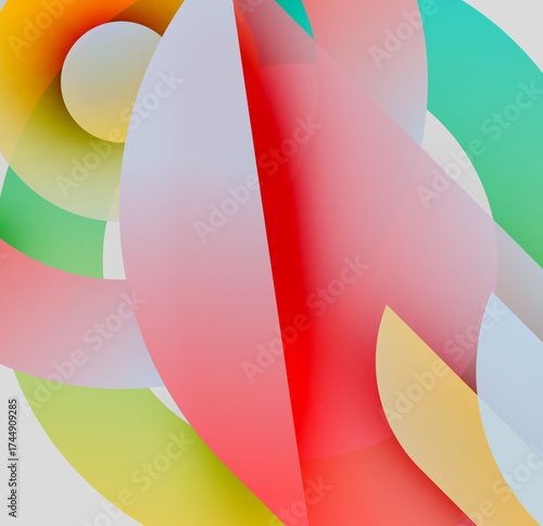 Abstract composition. Overlapping translucent shapes create vibrant color blends. Soft gradients suggest depth, movement. Minimalist design.