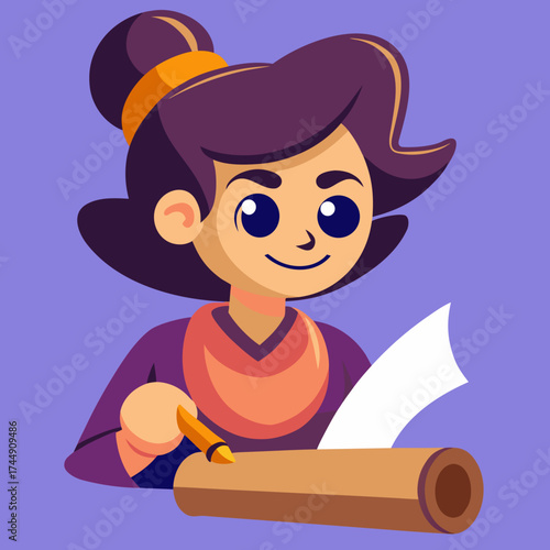 Cute cartoon girl writing with a pen on paper