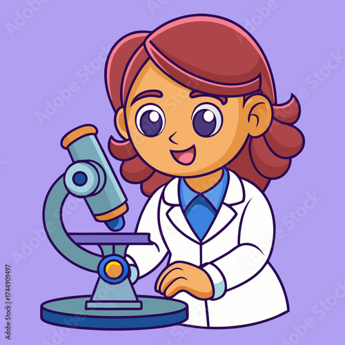 Cute cartoon scientist looking at her microscope