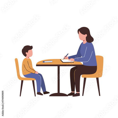 Flat Illustration Woman Consulting Little Boy at Table Indoor