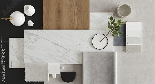Architectural mood board with samples of materials and decorative elements