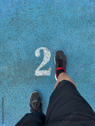 Man standing on blue running track with number two marking, top view of legs and shoes, sports and fitness concept